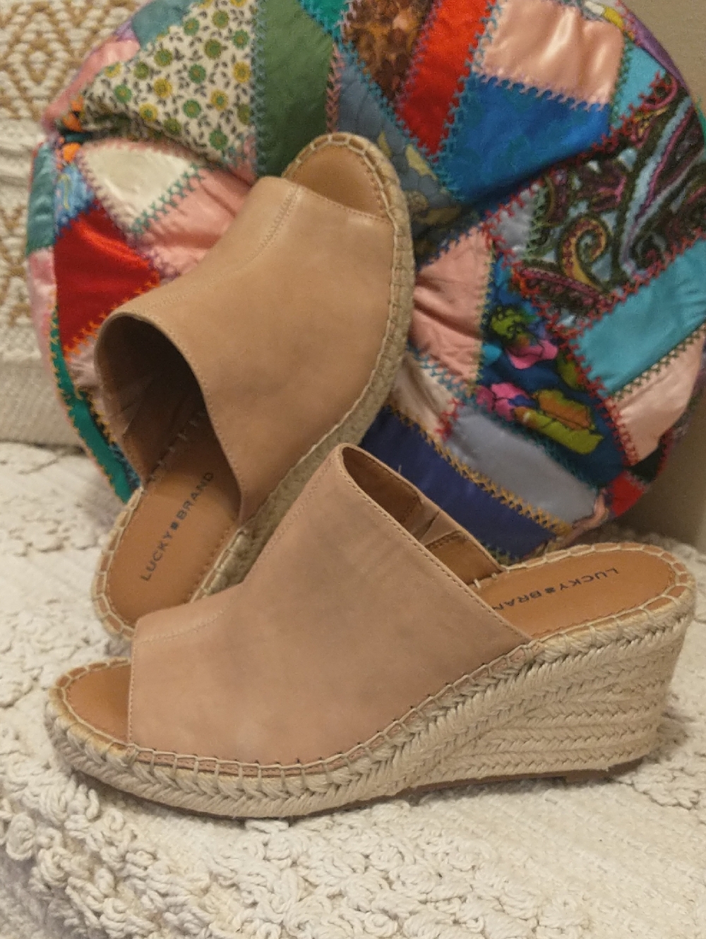 NWOT!Lucky Brand Cabriah Wedge Heel Slide Leather Jute Espadrille Size 8M Tan